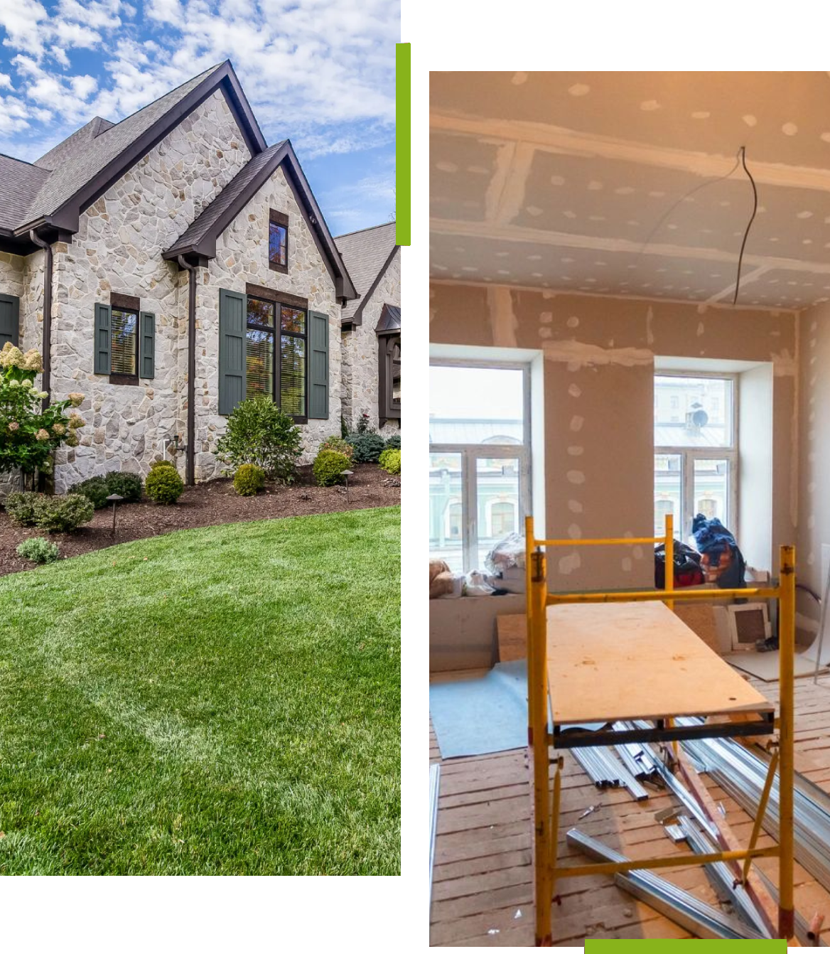A split image showing a renovated house exterior and interior under construction.